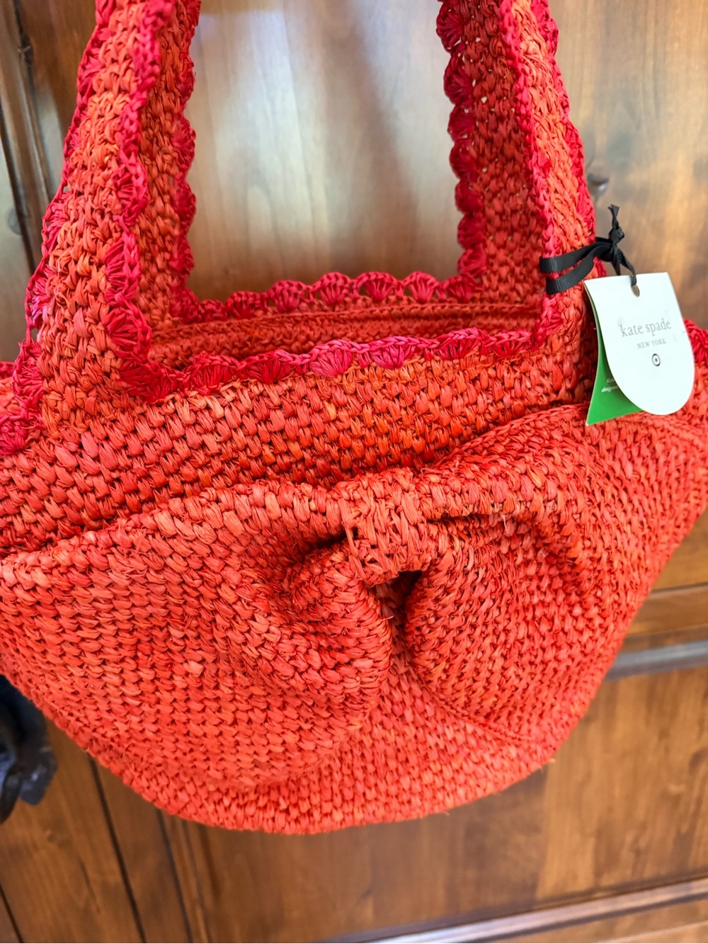 kate spade red raffia knot shoulder bag with scalloped trim NWT
